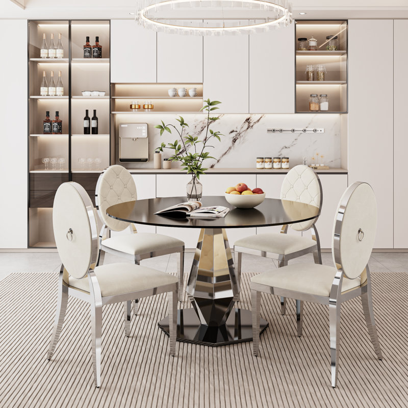 Round Pedestal Tempered Glass Dining Table, 29.50"H x 47"L x 47"W, Silver