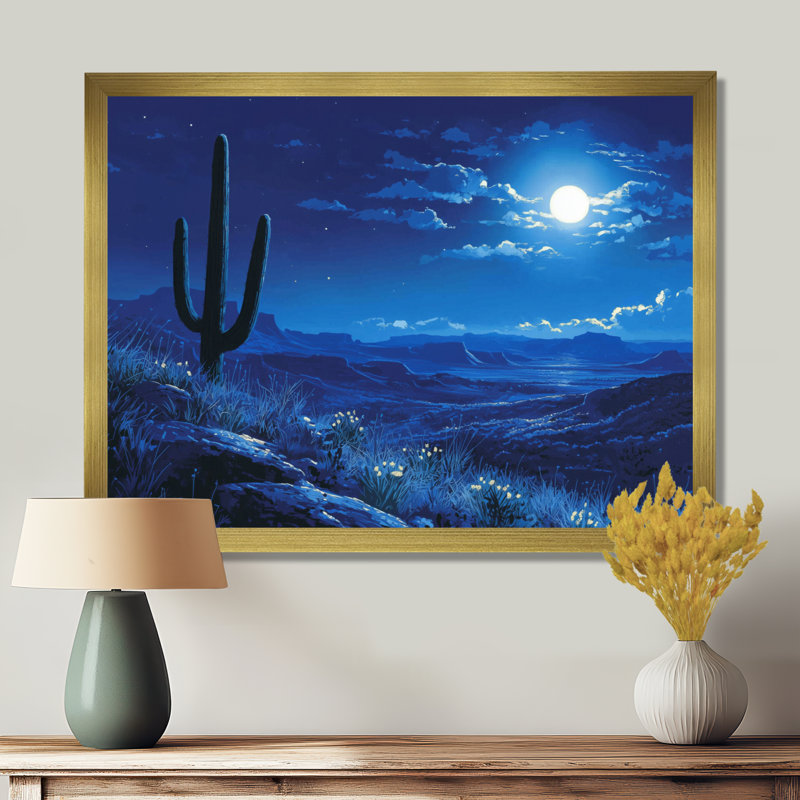 Marecz Saguaro Cactus sous les étoiles I - art mural cactus, Cadre simple, H 12 po x l 20 po, Doré