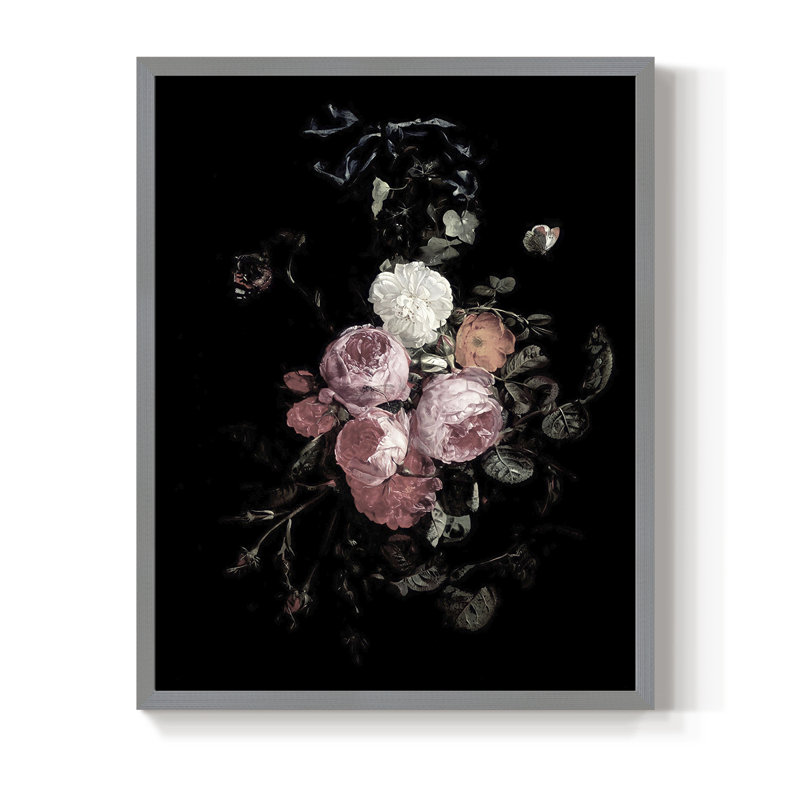 Reproduction florale rétro encadrée XCV - bois massif, Gris, H 30 po x l 24 po