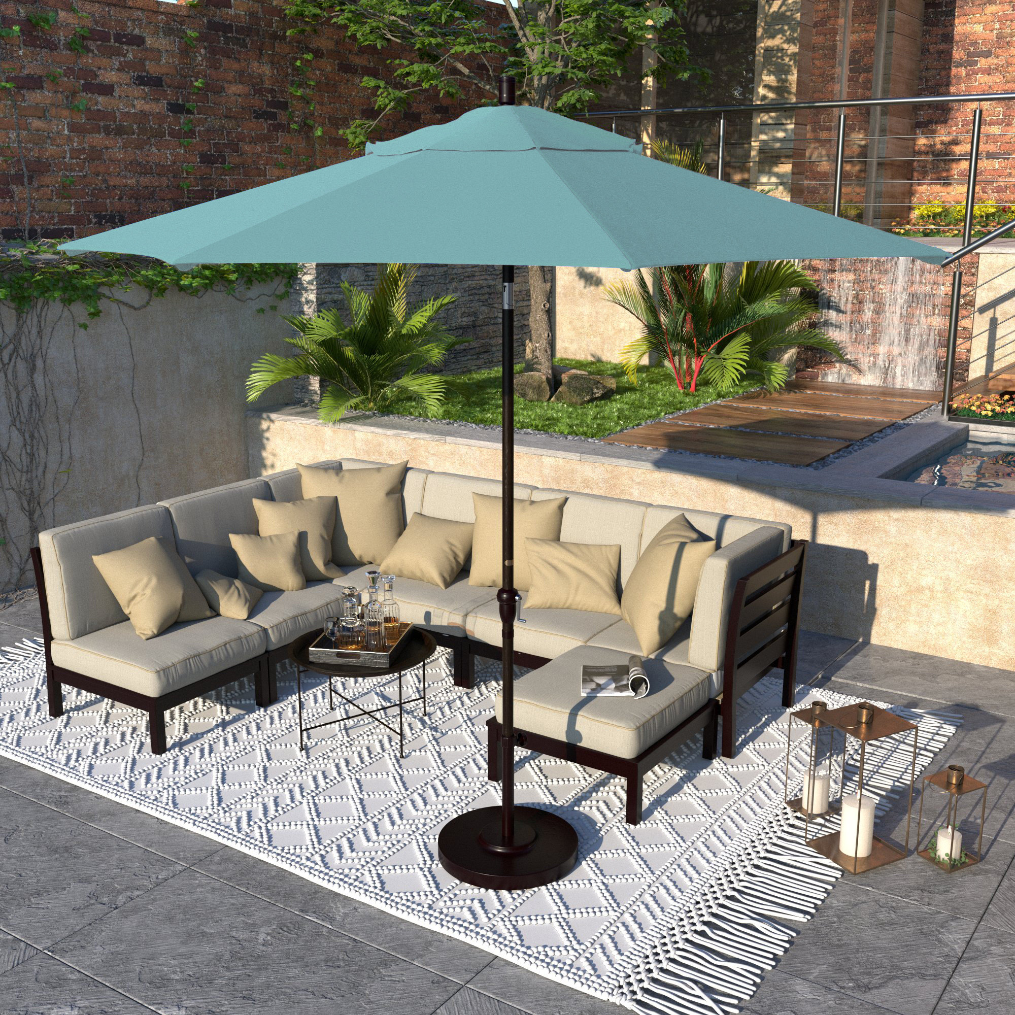 Camry 9-Foot Bronze Aluminum Market Patio Umbrella With Crank Lift And Autotilt In Sunbrella®, Canvas Aruba Sunbrella® Canvas