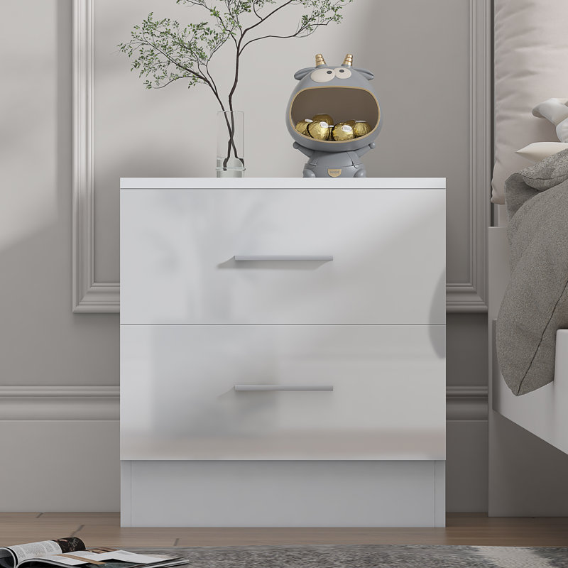 Eva High Gloss 2 Drawer Bedside Table - H: 48.5cm x D: 39.5cm x W: 45cm, Matte White/Gloss White