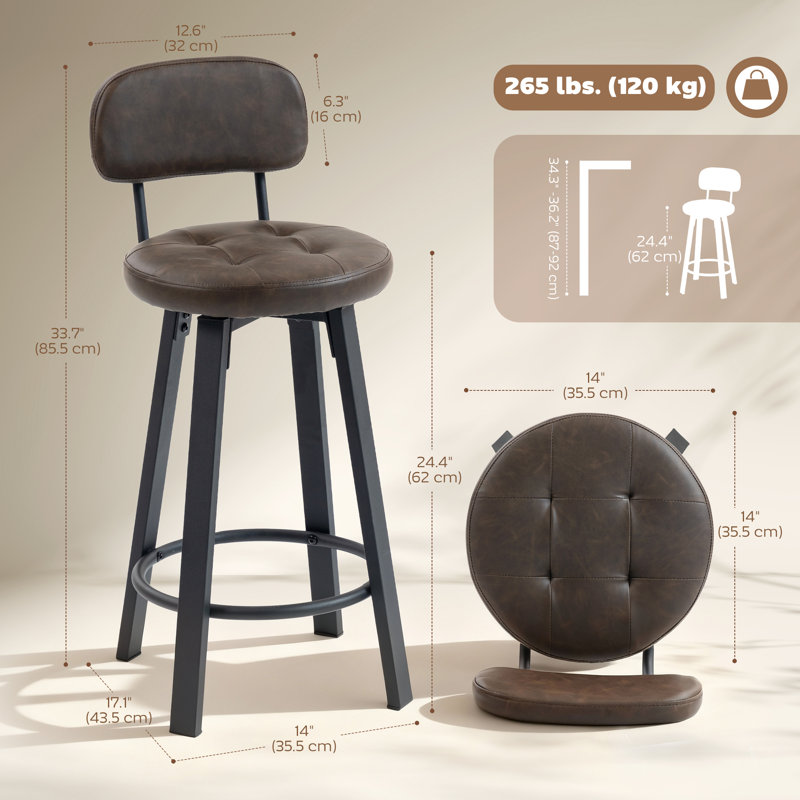 Ensemble de 2 tabourets de bar pivotants, hauteur comptoir, brun, Brun