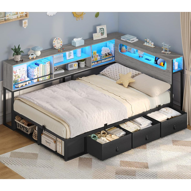 Corner Bed Frame Full Size With Bookcase Storage & Rgb Lights, Charging Station, Metal Daybed With 3 Drawers & 2 Open Cubbies, For  Small Space