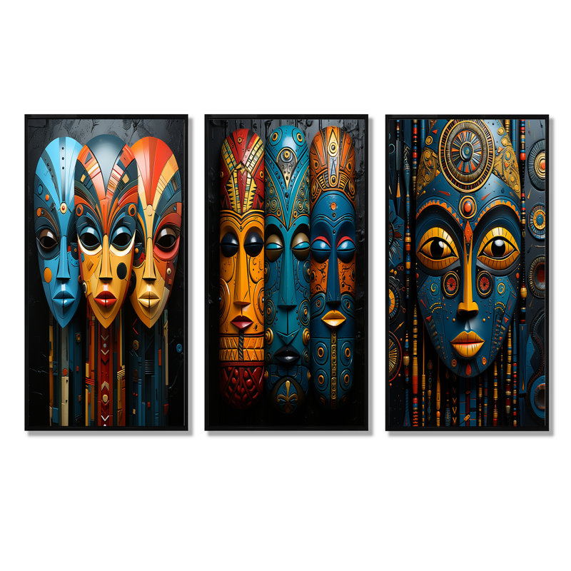 African Mystique Tribes Masks, H 28 po x l 36 po, Cadre flottant noir