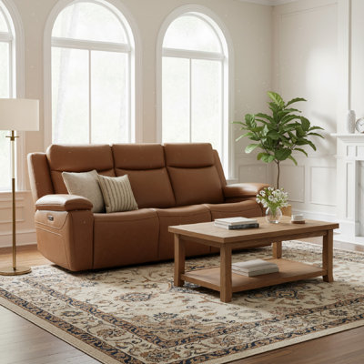 Kenol 88.2'' Wide Brown Camel Genuine Leather Power Reclining Sofa with Adjustable Headrest