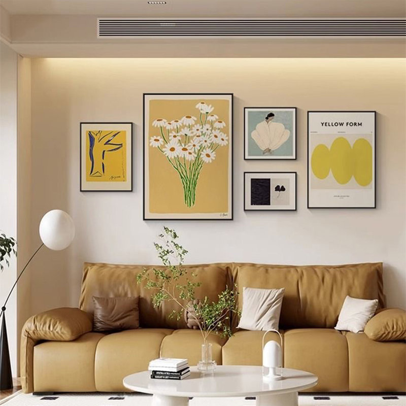 Ensemble d'art mural jaune minimaliste floral nordique pour salon, H 31,5 po x l 23,62 po
