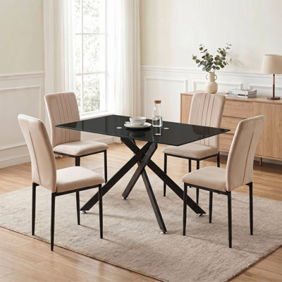 51" Rectangle Glass Dining Table Set for 4, Modern Clear Dining Table With 4 Velvet Upholstered Chairs,for Kitchen, Dining room
