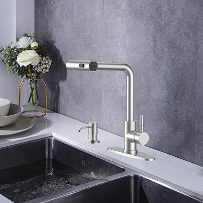 Pull-Down Sprayer Kitchen Faucet, Waterfall Kitchen Faucet, 3 Modes (Waterfall/Stream/Spray), With Soap Dispenser, Deck-Mounted Kitchen Faucet.