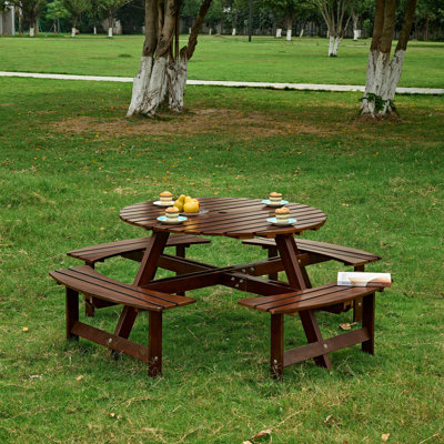 Table de pique-nique ronde durable pour 8 personnes avec 4 bancs intégrés, trou de parasol et conception résistante aux intempéries pour les rassemblements extérieurs