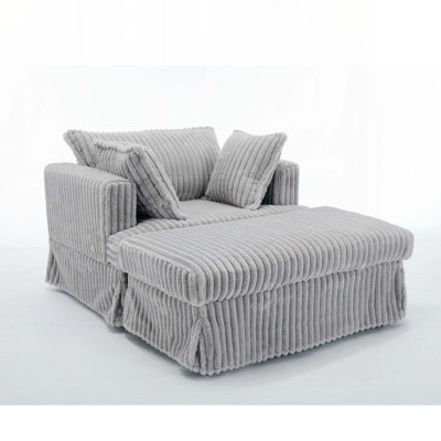 Oversized Corduroy Chaise Lounge with Movable Ottoman, Deep Seat Reclining Sofa with Thick Padded Cushion, Light Gray