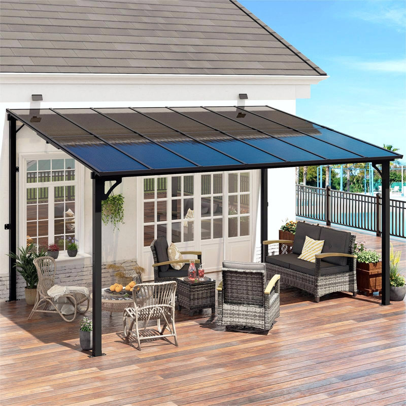 Yardgracewall Mounted Lean To Metal Awnings With Sloped Roof, Solar Light, 98" H x 168" W x 120" D