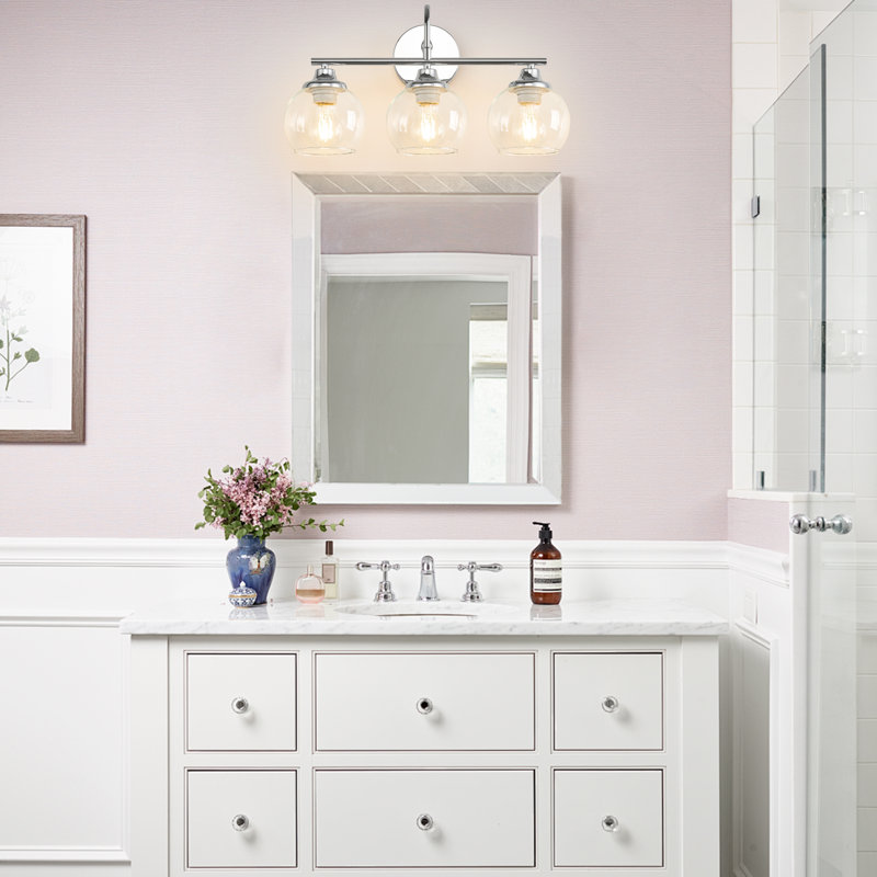 3 Light Dimmable Bathroom Vanity Light  Chrome With Clear Globe Shade, Clear, Chrome