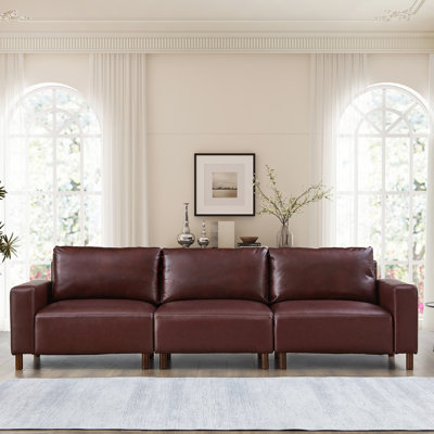 112" Three Seat In Burgundy, Breathable Pu Leather, Solid Wood Legs And Mid - 20th Century Design For Living Spaces Room