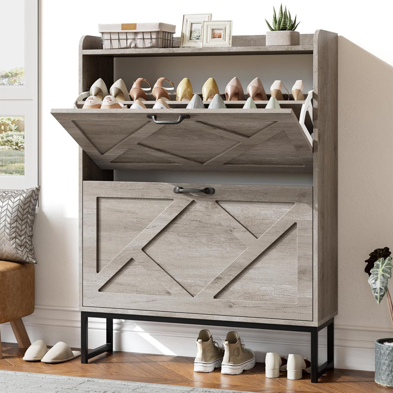 Freestanding Shoe Storage Cabinet With Flip Drawers, Narrow Shoe Organizer With Metal Legs, Farmhouse Style Slim Shoe Rack For Entryway, Foyer, Hallway