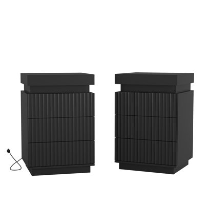 17.72'' 3-Drawer Nightstand Set of 2 Fluted Wave Panel Bedside Table with Sliding Top Hidden Storage