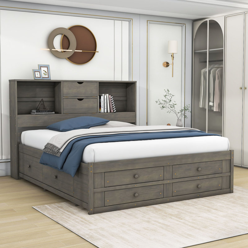Très grand lit plateforme en bois à 8 tiroirs Chaddy, gris