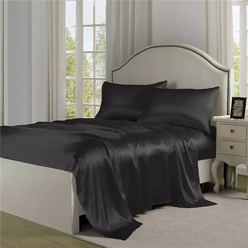 Ensemble de draps 4 pièces en satin doux et soyeux, Noir, Ensemble de draps pour grand lit avec 2 taies d'or