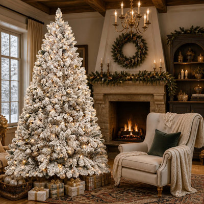 Arbre de Noël enneigé 8 pi avec 600 lumières UL et 54 pommes de pin naturelles, pointes en PVC enneigées, 1668 pointes, structure à charnières, support en métal stable, installation facile