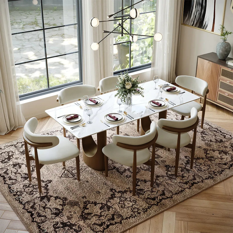 Table de salle à manger rectangulaire moderne en pierre frittée avec base à double piédestal, Blanc lustré