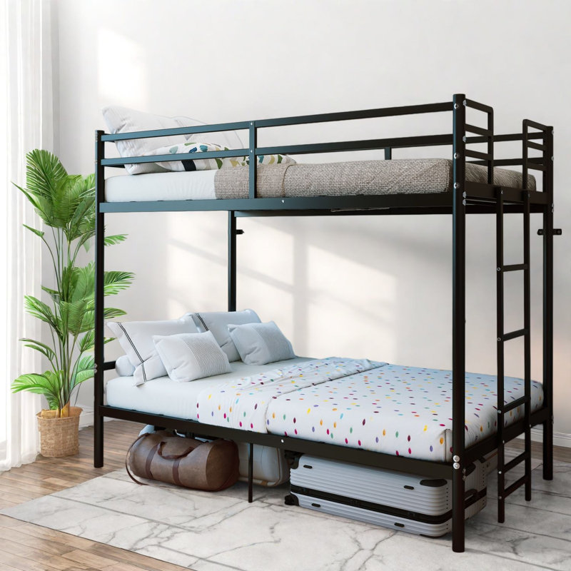 Lits superposés métalliques gain de place avec échelle et barrière de sécurité, deux lits simples superposés, style moderne