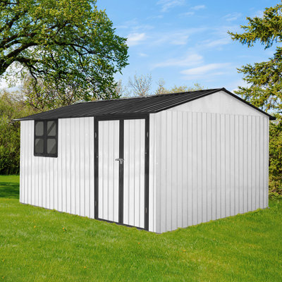 Abri de jardin extérieur en métal blanc et noir de 12 pi x 10 pi avec fenêtre, installation de tablette, emplacement de suspension de la lampe, poste de travail pliable, deux systèmes de tablettes, évents anti-décoloration, conception de toit Apex, entrée à charnières,