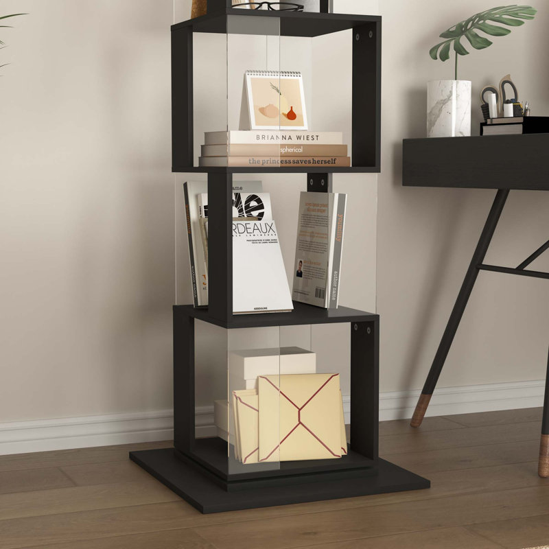Bibliothèque rotative multifonctionnelle, support de plancher avec plaque en acrylique, Noir