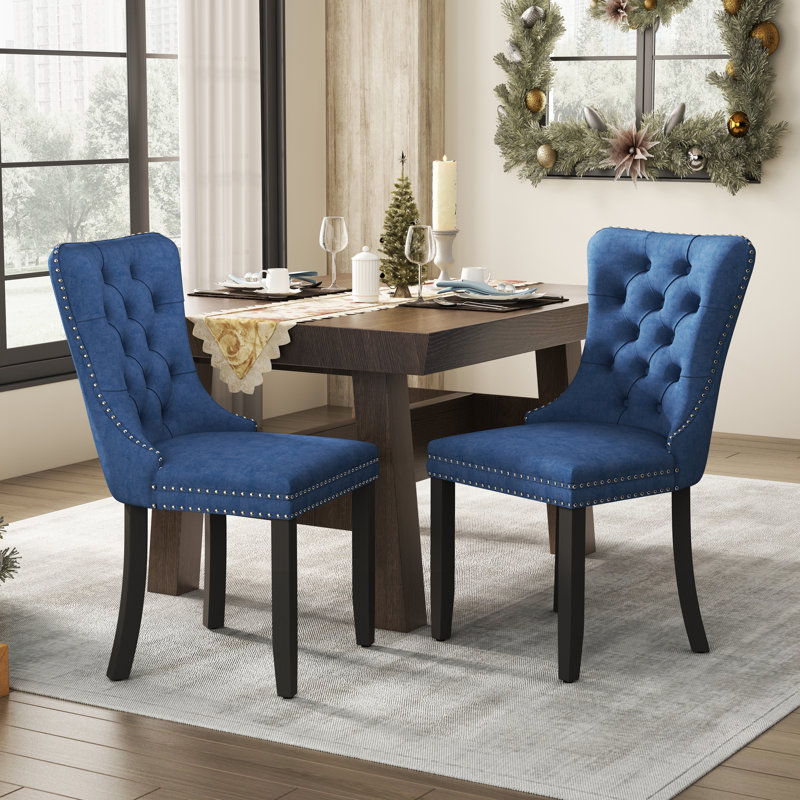 Tufted Velvet Wing Back Side Dining Chairs, Blue, Black