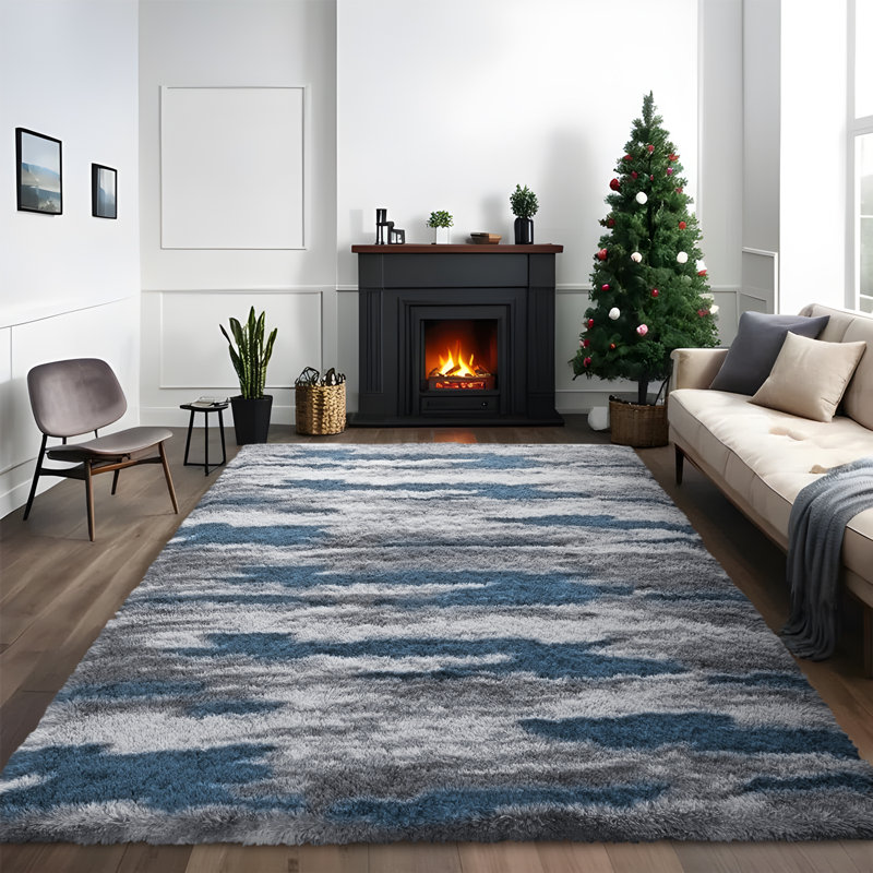 Tapis à poils longs moelleux et moderne à motif abstrait moderne, Rectangle de 5 pi x 8 pi