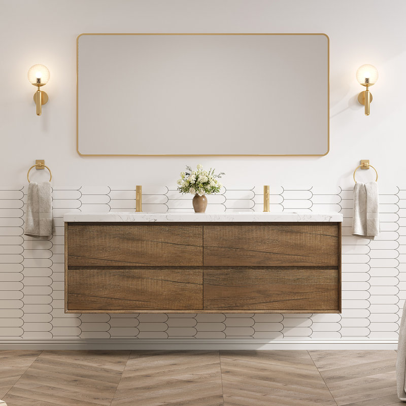 Wall-Mounted Bath Vanity With Engineered Marble Top, Antique Oak, 60"