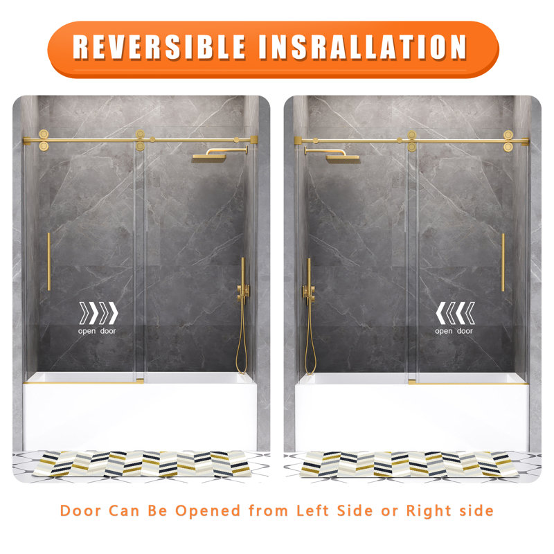 56-60 in. W x 66 in. H Single Sliding Frameless Tub Door in Brushed Gold with 3/8 in.（10mm）Clear Tempered Glass, Brushed Gold