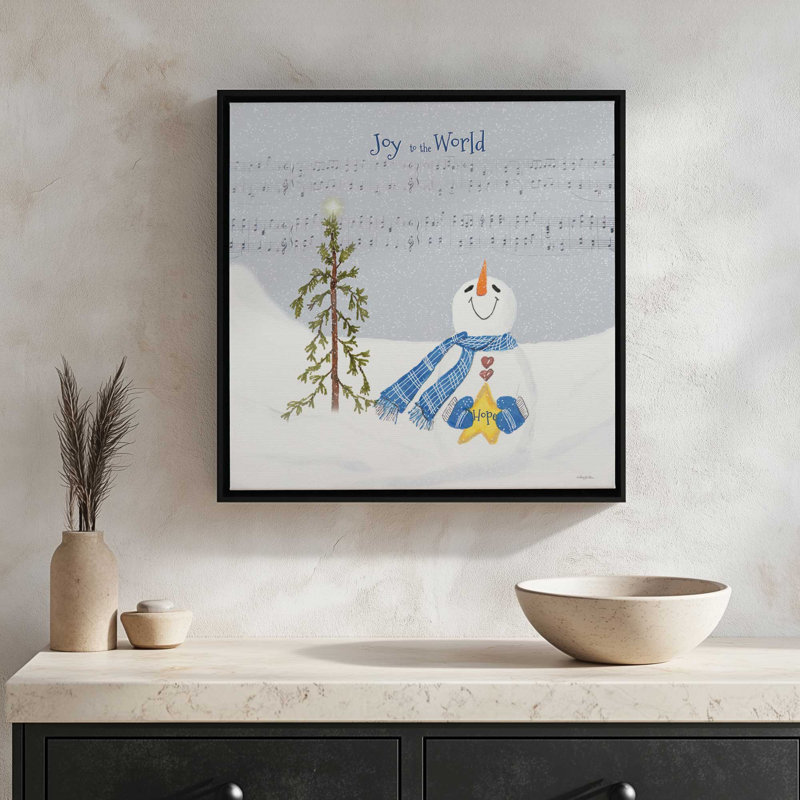 «Joy to the World Snowman» par Robin-Lee Vieira, reproduction d'art, H 37,5 po x l 37,5 po, Noir, Toile avec cadre
