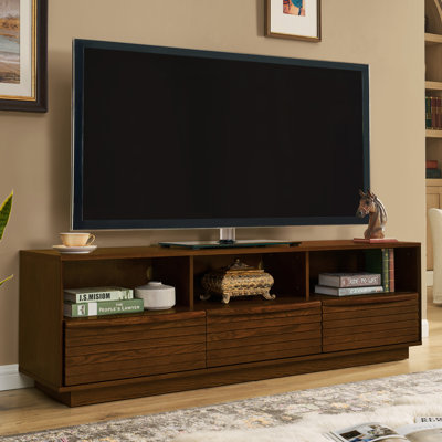 Mid-Century Modern TV Stand for TVs, Sturdy Farmhouse Entertainment Cabinet with Louver Design, Solid Wood Drawers and Outlet Holes by Ebern Designs