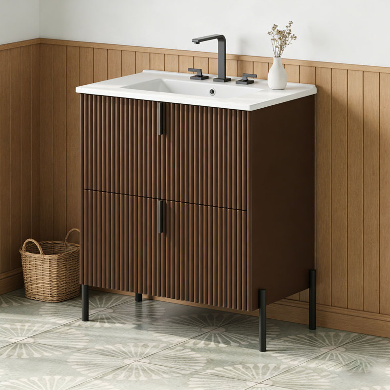 Meuble-lavabo 30 po avec lavabo en céramique, Marron foncé