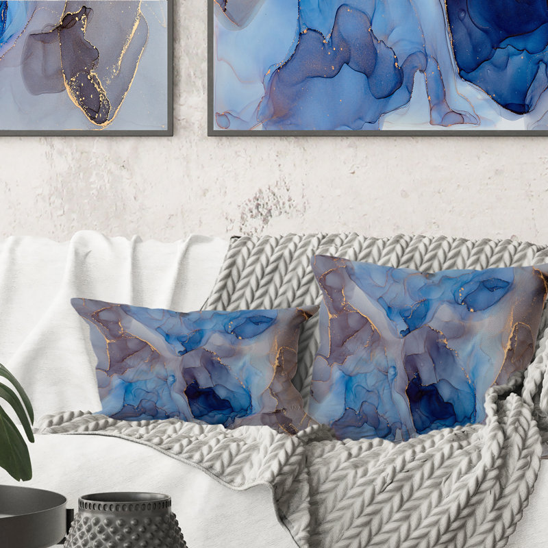 «Blue and Grey Luxury Abstract Fluid Art III», coussin décoratif imprimé moderne, 18 po x 18 po