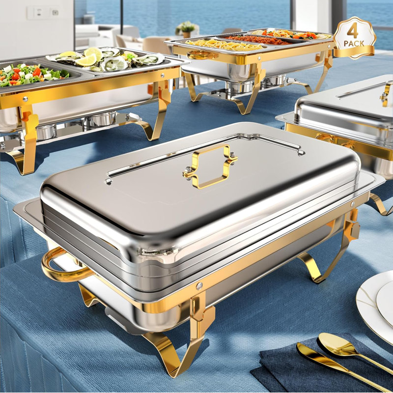 Chafing Dish Buffet Set, 9QT High Grade Chafing Dishes for Buffet, Chafers and Buffet Warmers Sets for Wedding, Rolled-Edge Design with Gold and Silver, 4 Pack