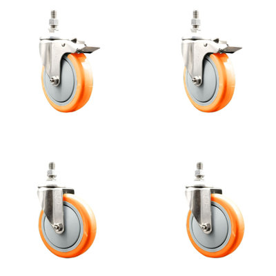 5 Inch 316SS Orange Polyurethane ½ Inch Threaded Stem Caster Set 2 Lock Brake SCC
