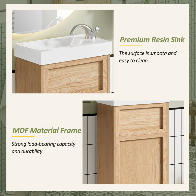 Meuble-lavabo avec lavabo réversible en résine, armoire avec tablette réglable et porte à pousser, 15,75 po