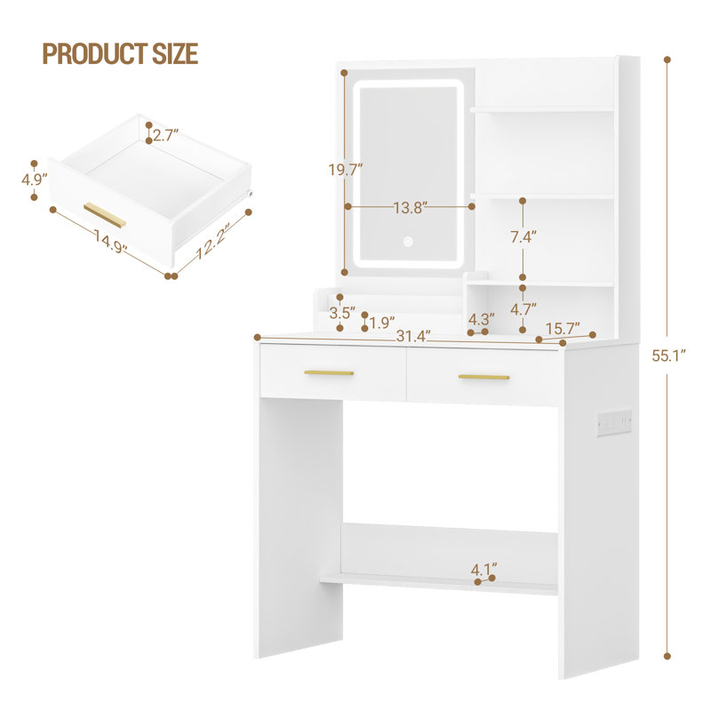 Vanity Desk with Mirror, Makeup Vanity with Led Lights, Dressing Table with Power Outlet, Drawers, 3 Color Modes, White