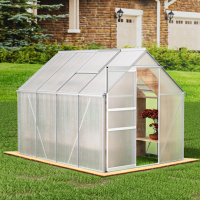 8' L X 6' W Walk-In Polycarbonate Greenhouse With Roof Vent,Sliding Doors,Aluminum Hobby Hot House For Outdoor Garden Backyard