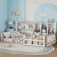 Cadre de lit plateforme simple en bois pour enfants avec clôture de garde-corps, tablettes de rangement latérales et étagère à livres, lit de plancher compact, blanc et blanc-133696155-133696158
