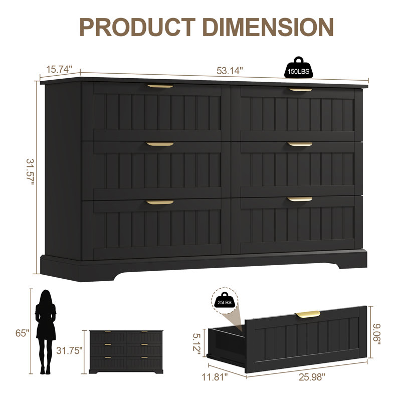 Commode 6 tiroirs, commode moderne l 53,15 po avec poignée en métal, Noir