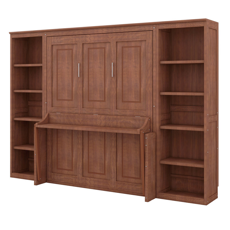 Lit escamotable double avec bureau, cadre de lit mural pliable en bois avec tablettes de bibliothèque, armoire de lit murale cachée pour adulte