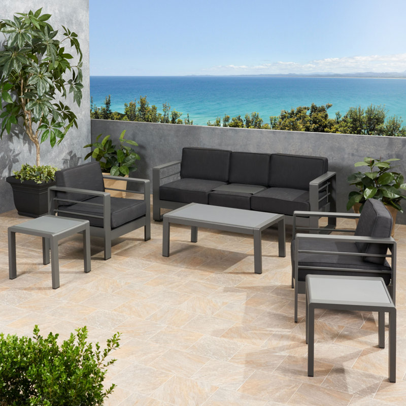 5 - Person Patio Conversation Set with Cushions, Gray Frame / Dark Gray Cushion