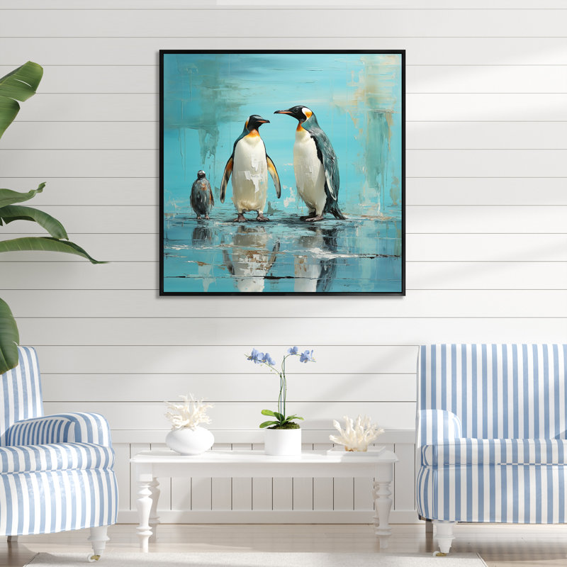 «Penguin Family Elegance In Snow II», reproduction sur toile, Cadre flottant noir, 16" H x 16" W