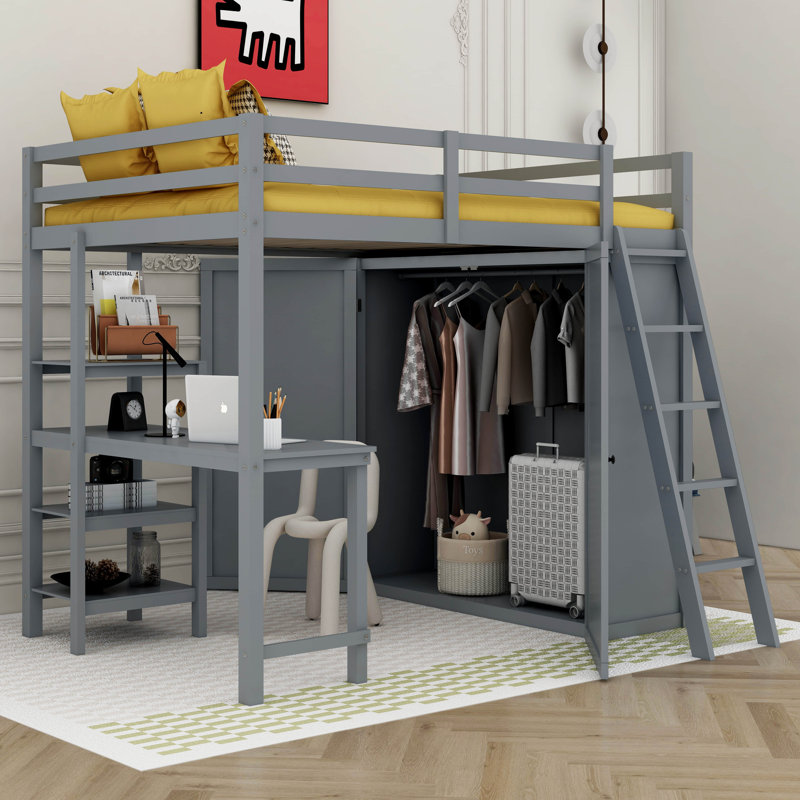 Lit mezzanine double avec garde-robe Hedieh, Gris