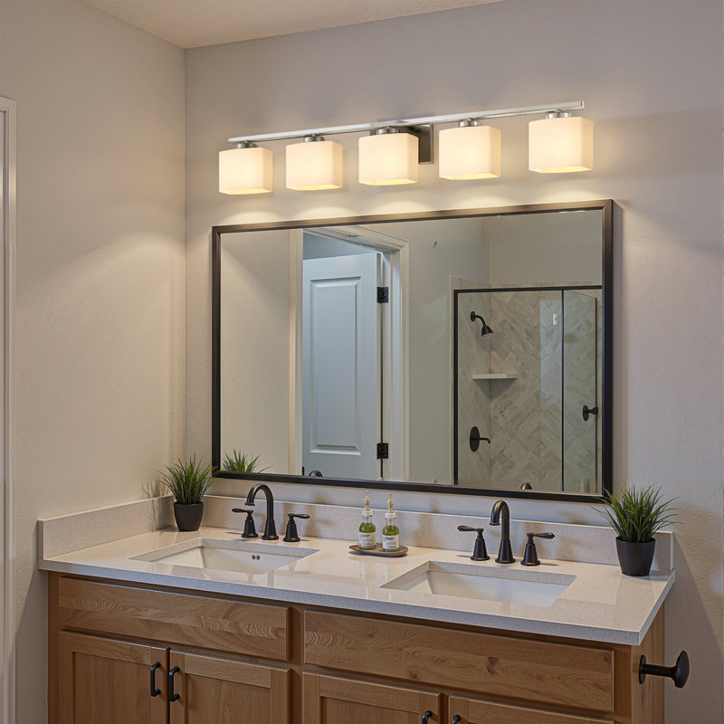 Modern 3-Light Vanity Fixture With Square Glass Shades, 5, Chrome