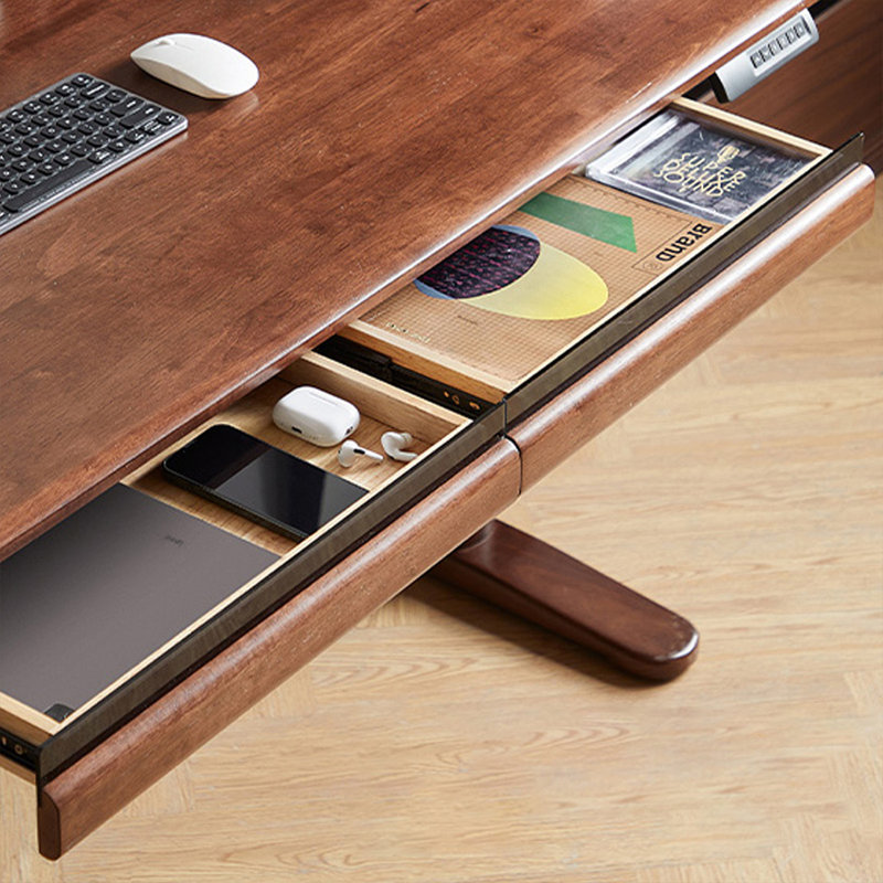 Bureau rectangulaire en bois massif brun noisette, Brun noyer
