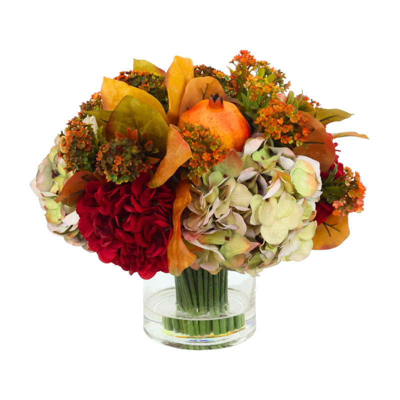 Assorted Hydrangeas and Fall Florals in Glass Vase
