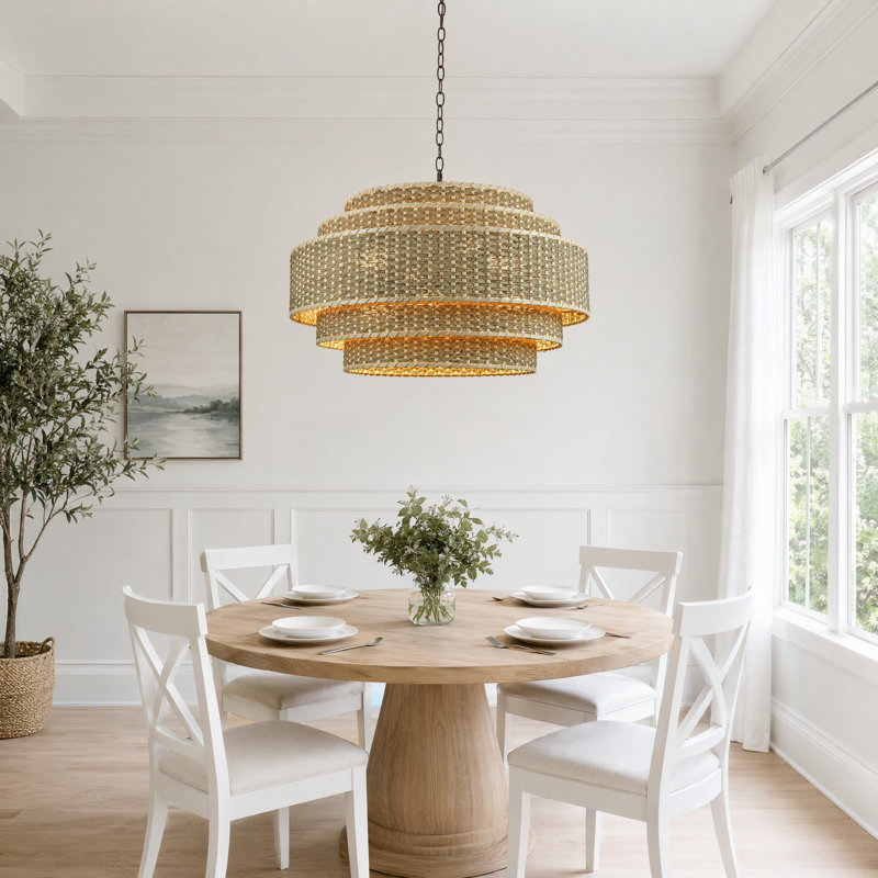 Amishi 8 - Light 26in Rattan Dimmable Shaded Tiered Chandelier with Adjustable Black Chain