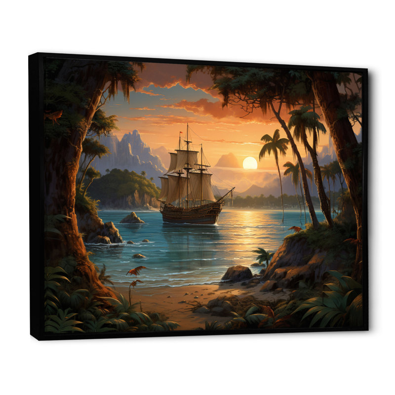 Pirate Boat Lost Isles On Canvas Print, 16" H x 32" W x 1" D, Black Floater Framed